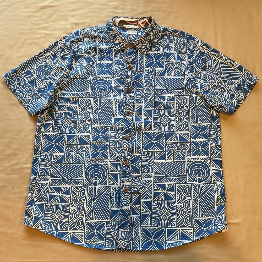 TEXAITO Modern Warrior Blue‎ & White Hawaiian Cotton Shirt MEN'S Large